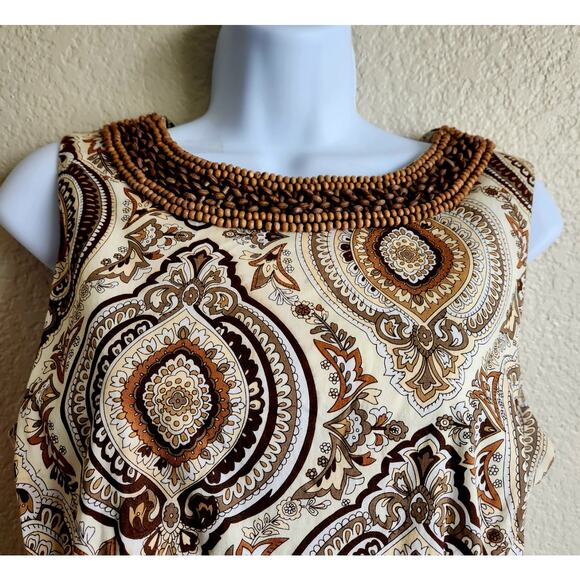 Chadwicks Brown Floral Print Beaded Round Neck Sheath Dress 12 Lightweight Soft - Picture 3 of 5